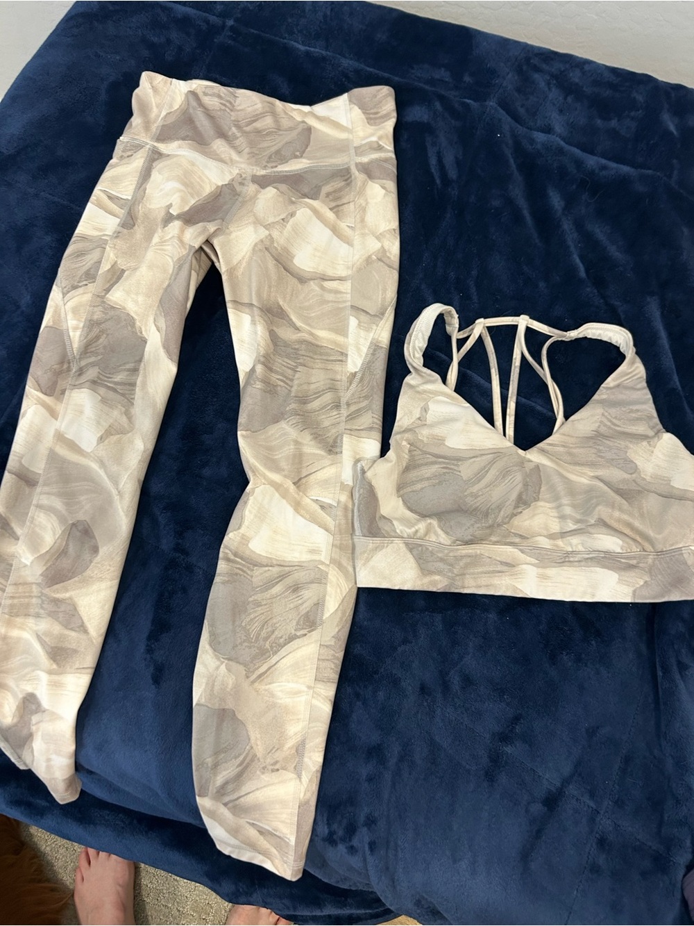 all in motion Neutral Marble Print Strappy Sports Bra & Leggings - Beige Taupe